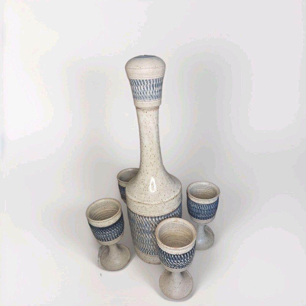 70s Mid Century Ray Studio Pottery Decanter Wine Set 4 Chalices Flawless New